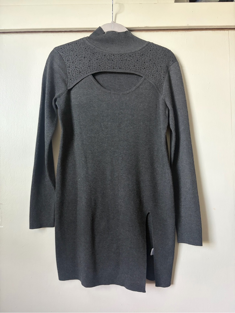 Dark Gray Long Sleeve Knit Dress with Rhinestones
